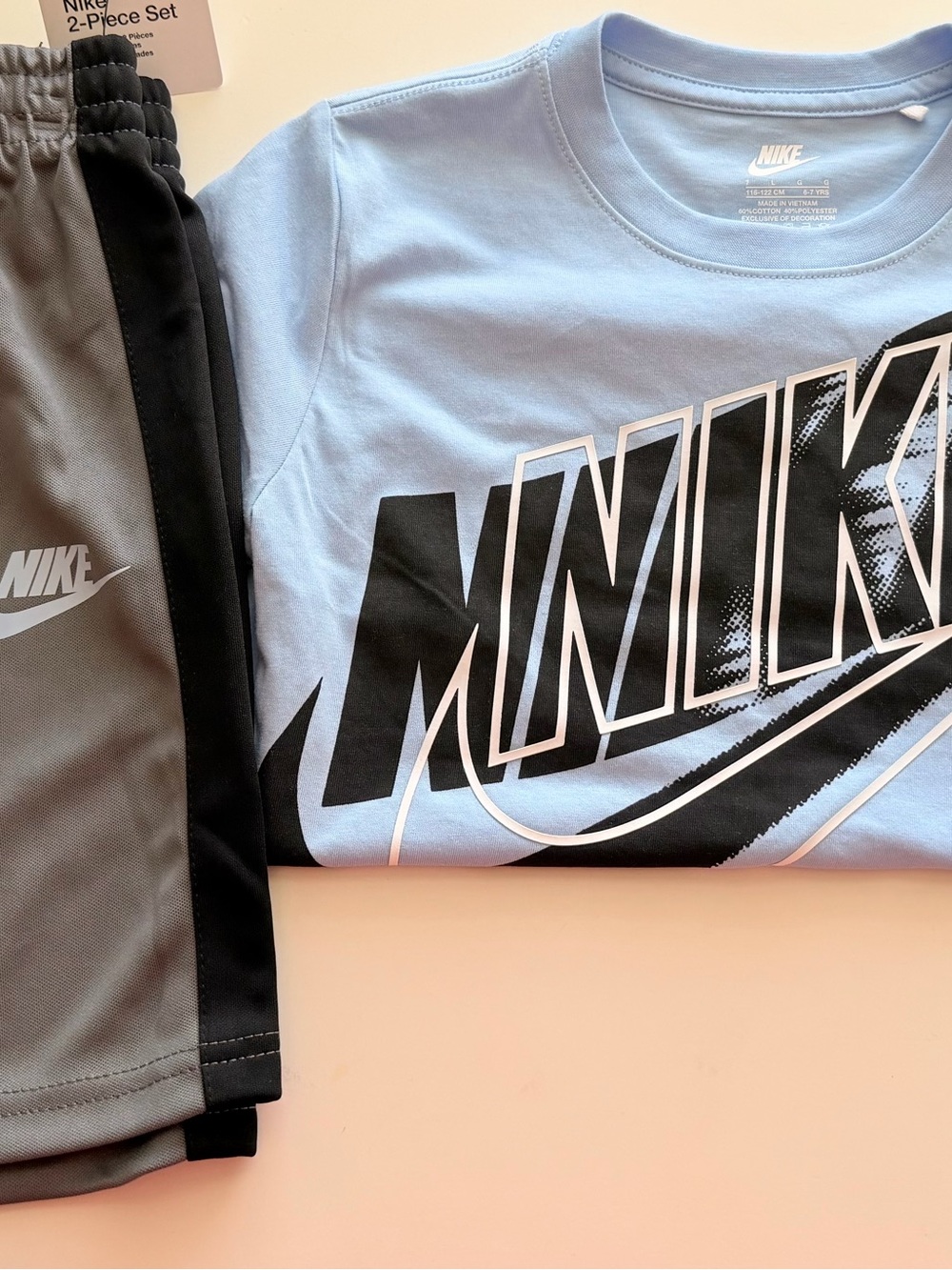 Nike Light Blue Graphic Tee with Gray and Black Shorts Set